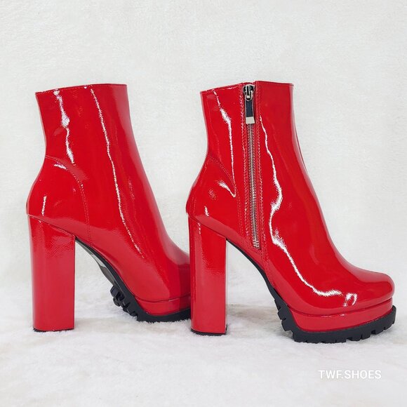 Wild Diva Vivian Red Patent Chunky Heel Platform Ankle Boots New - Picture 4 of 8